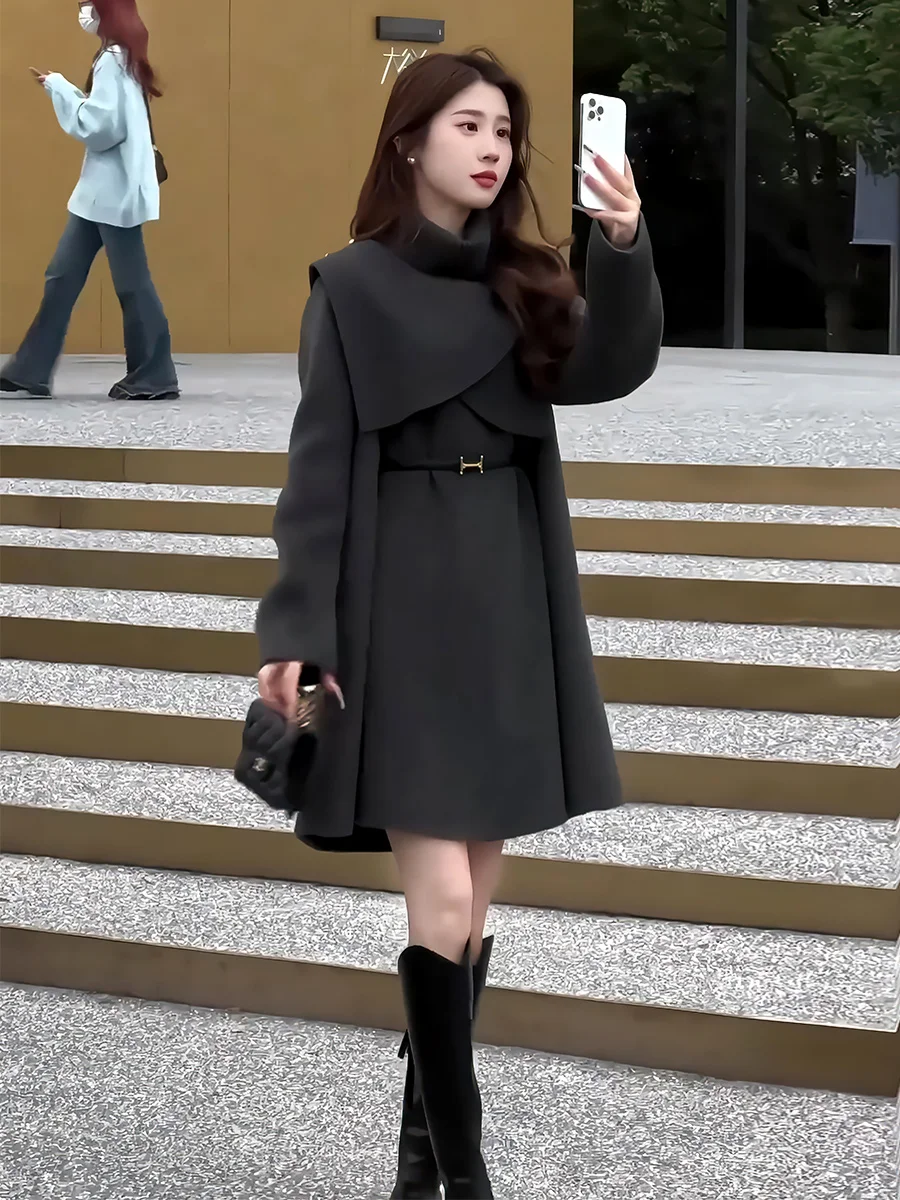 

Модный шерстяной комплект-пальто для женщин 2024: Новинка зимы, приталенный дизайн, удлиненное пальто из полиэфирного волокна, средней длины