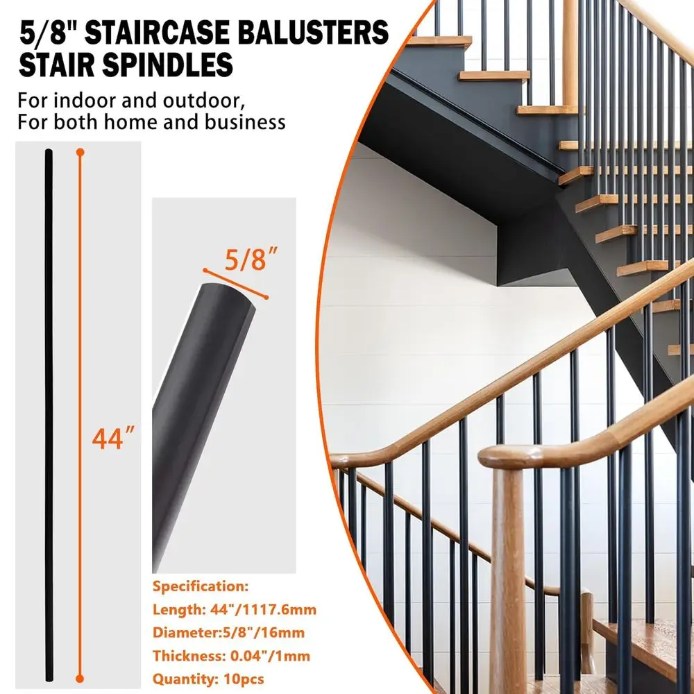 مجموعة من 10 درابزينات معدنية مستديرة مجوفة ومستقيمة للطوابق، درابزين سلالم 5/8، لمسة نهائية من الساتان باللون الأسود