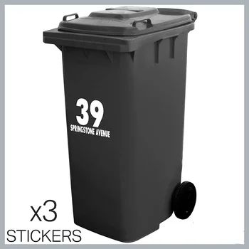 Número de casa 3 pegatinas personalizadas para contenedores con ruedas Nombre de la calle, hogar, oficina, negocios, fáciles de aplicar. Señal de puerta