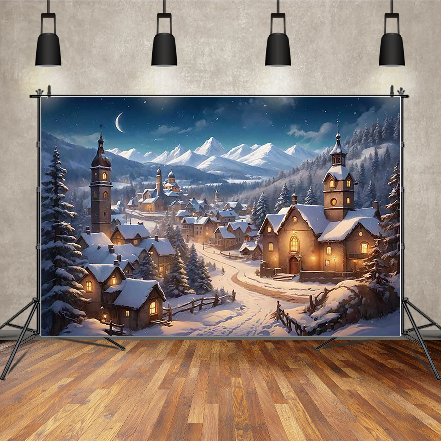 

MOON.QG Winter Town Photo Background 2025 Christmas Decoration House Forest Backdrop Photography Accessories Photobooth Shooting