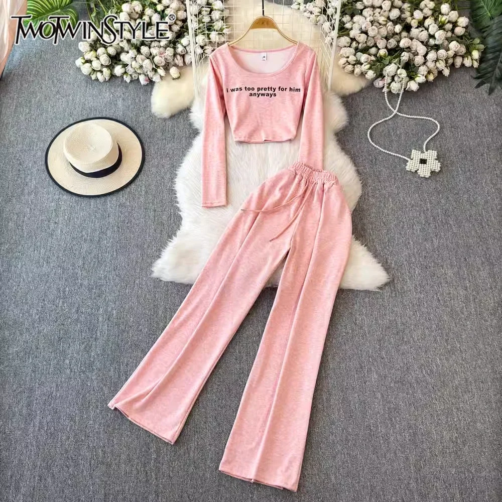 

TWOTWINSTYLE New Sports Style Two Piece Set For Women Square Collar Long Sleeve Tops High Waist Long Pants Set Female KSE517939