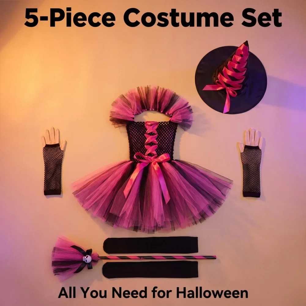 Halloween Mädchen Rosa-Schwarzes Hexen-Tutu-Kleid-Set mit Hut, Handschuhen, Socken, Besen Kinder Kostüm Cosplay Partykleidung – Detail 6