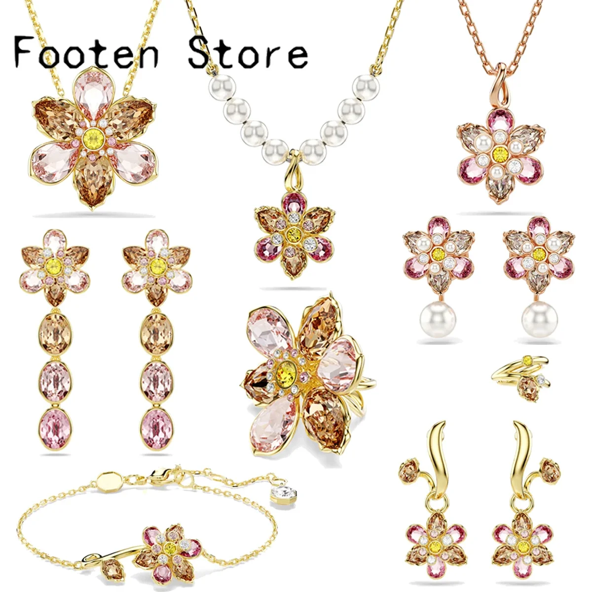 

2025 Новый тренд, комплект ювелирных изделий для вечеринок, очаровательный розовый золотой цветок, кристалл, модное жемчужное ожерелье, серьги, романтический подарок для женщин