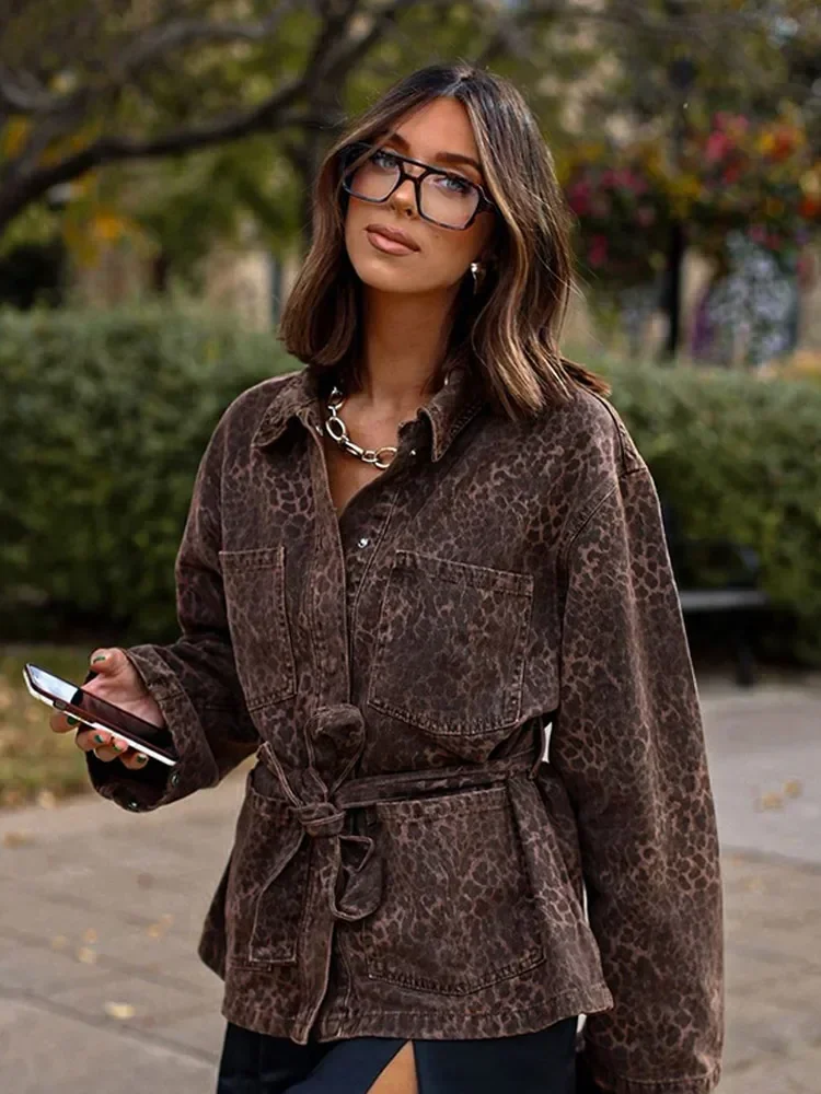 Fashion Leopard Print Lapel Lace Up Short Jacket Chic Long Sleeves Pockets  Loose Coat  2024 Retro Lady Autumn Outwear