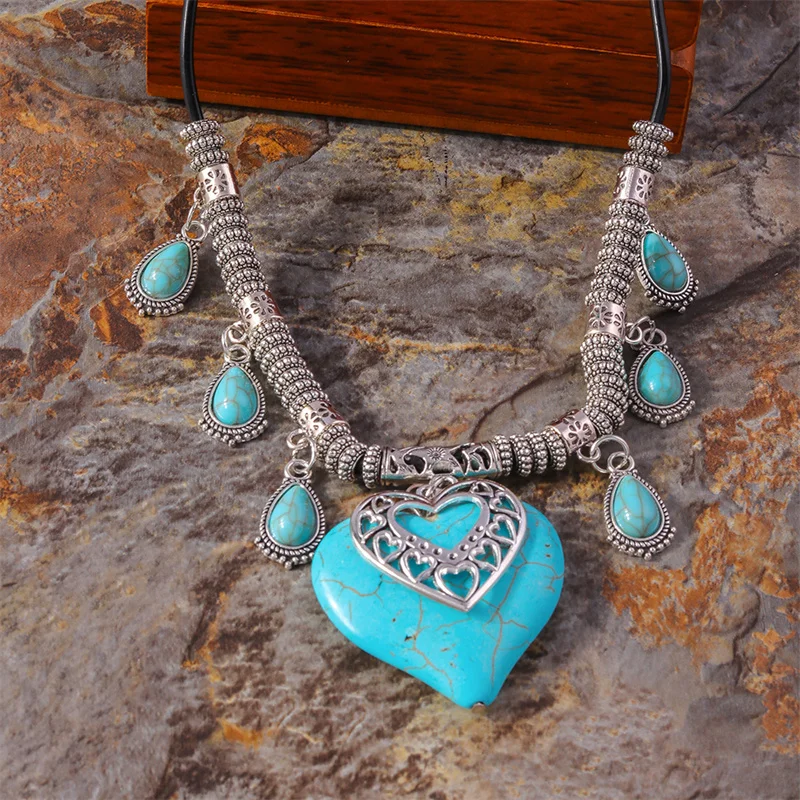 Aihua Böhmen Türkis Stein Herz Halskette für Frauen Halsband Collier Femme Ethnische Tibetischen Silber Halsketten Aussage Schmuck – Detail 5