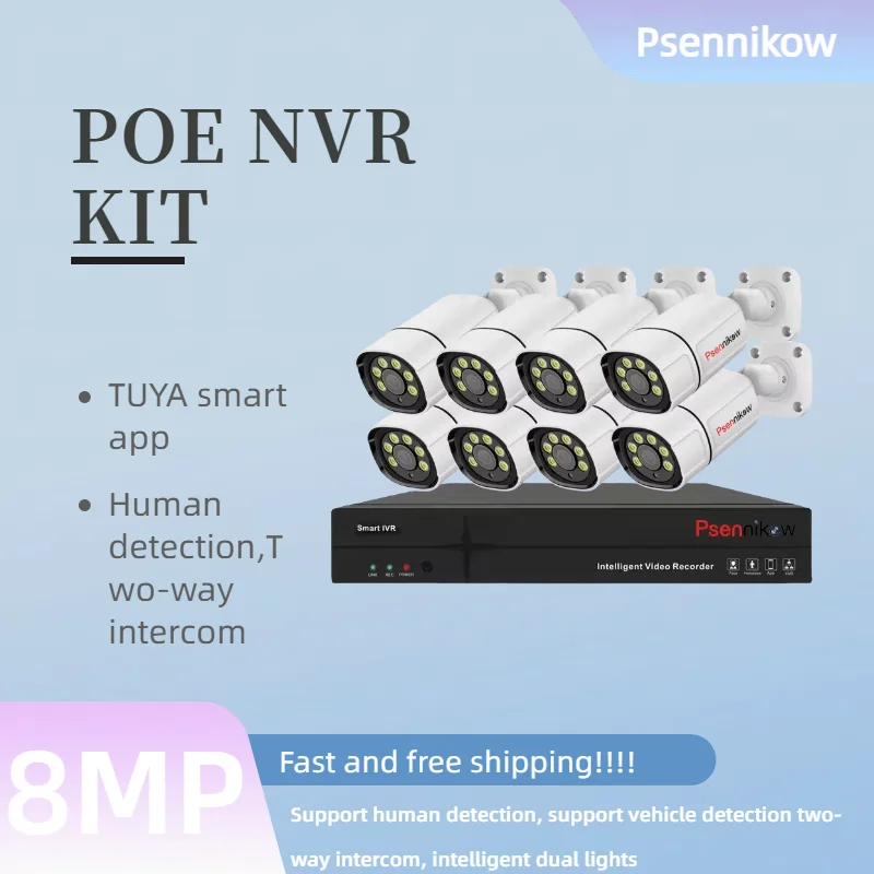 

Tuya 4K 8MP 8CH NVR Уличная камера безопасности HD IP Обнаружение движения Пуля Металлическая водонепроницаемая POE KIT Встроенный микрофон и развертка
