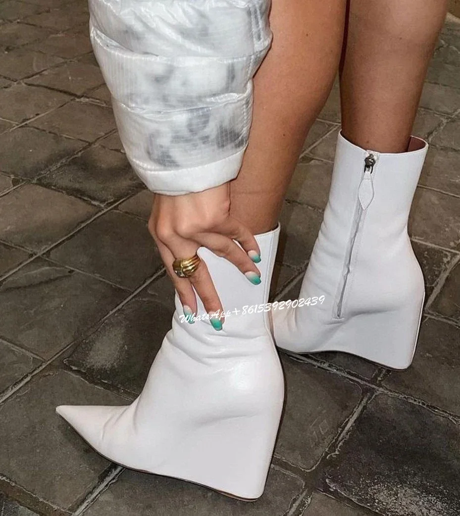 

Sexy Black Leather Wedge Women Elegant Calf Booties Pointed Toe Flat Side Zipper Ankle Boots Simple Winter Brand Design Shoes