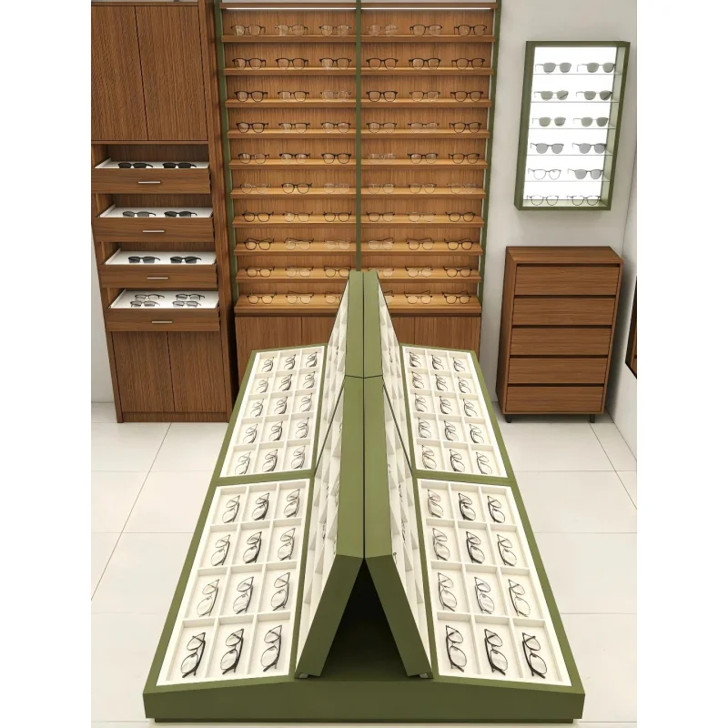custom.Glass Eyeglass Display Stand LED Lighting Heavy Duty High Quality Wooden Varnished Cubical Design