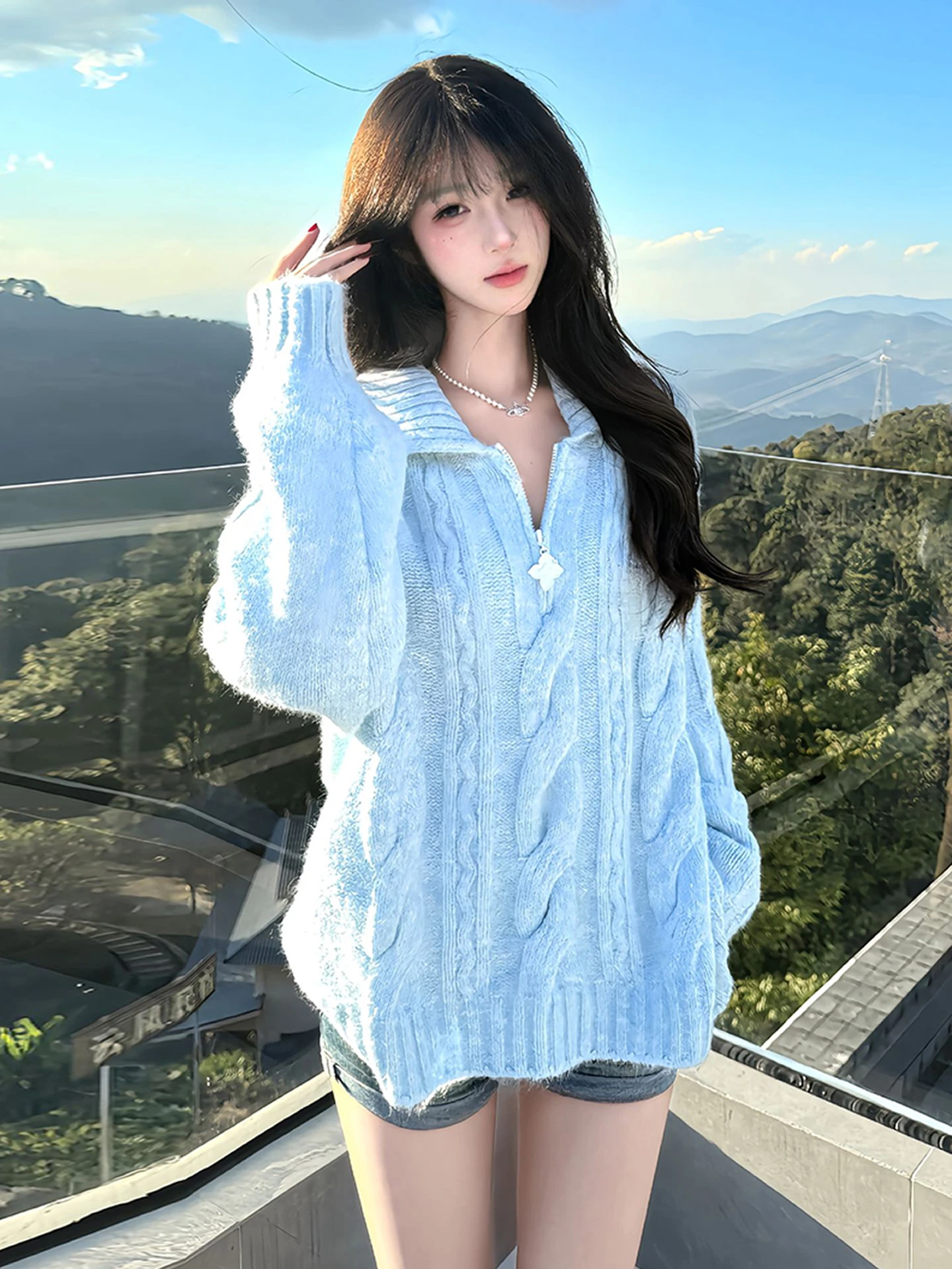 

Синий вязаный свободный женский свитер Fufu, осенне-зимняя новинка, в корейском стиле, повседневный, удобный, теплый, длинный топ