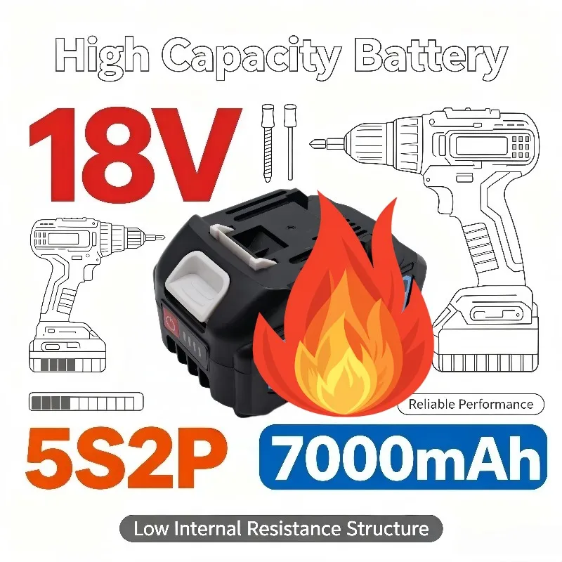 18V 7000mAh Compatible Replacement Battery Pack, 5S2P Low‑Internal‑Resistance Structure, Efficient Endurance, No Overheating