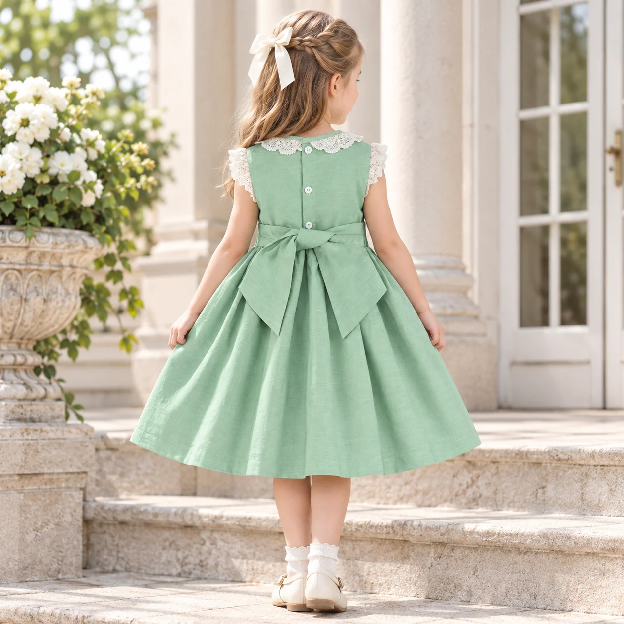 Hand Smocked Mint Green Dress 1-6 Years Sleeveless Lace Baby Girls Summer Lux Party Daily Dress Kids Boutique Suit