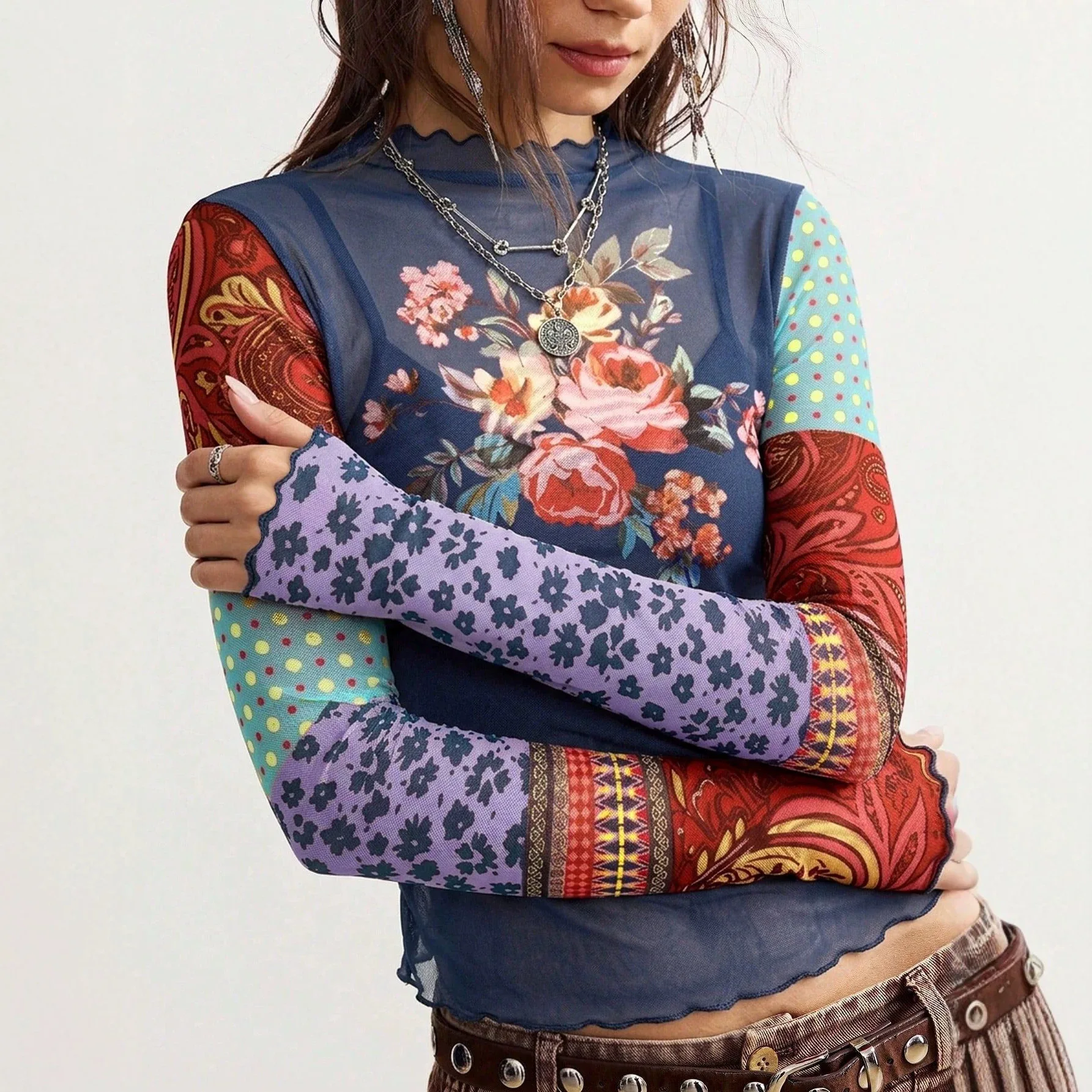 Women Floral Mesh T‑Shirt Long Sleeve Boho Sheer Slim Fit Y2K See Through Top Vintage Casual Streetwear Blouse