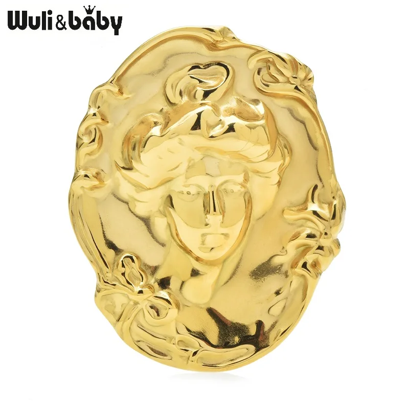 Wuli&baby Stainless Steel Lady Figure Round Brooches For Women 2-color Beautiful Girl Image Party Office Brooch Pins Gifts