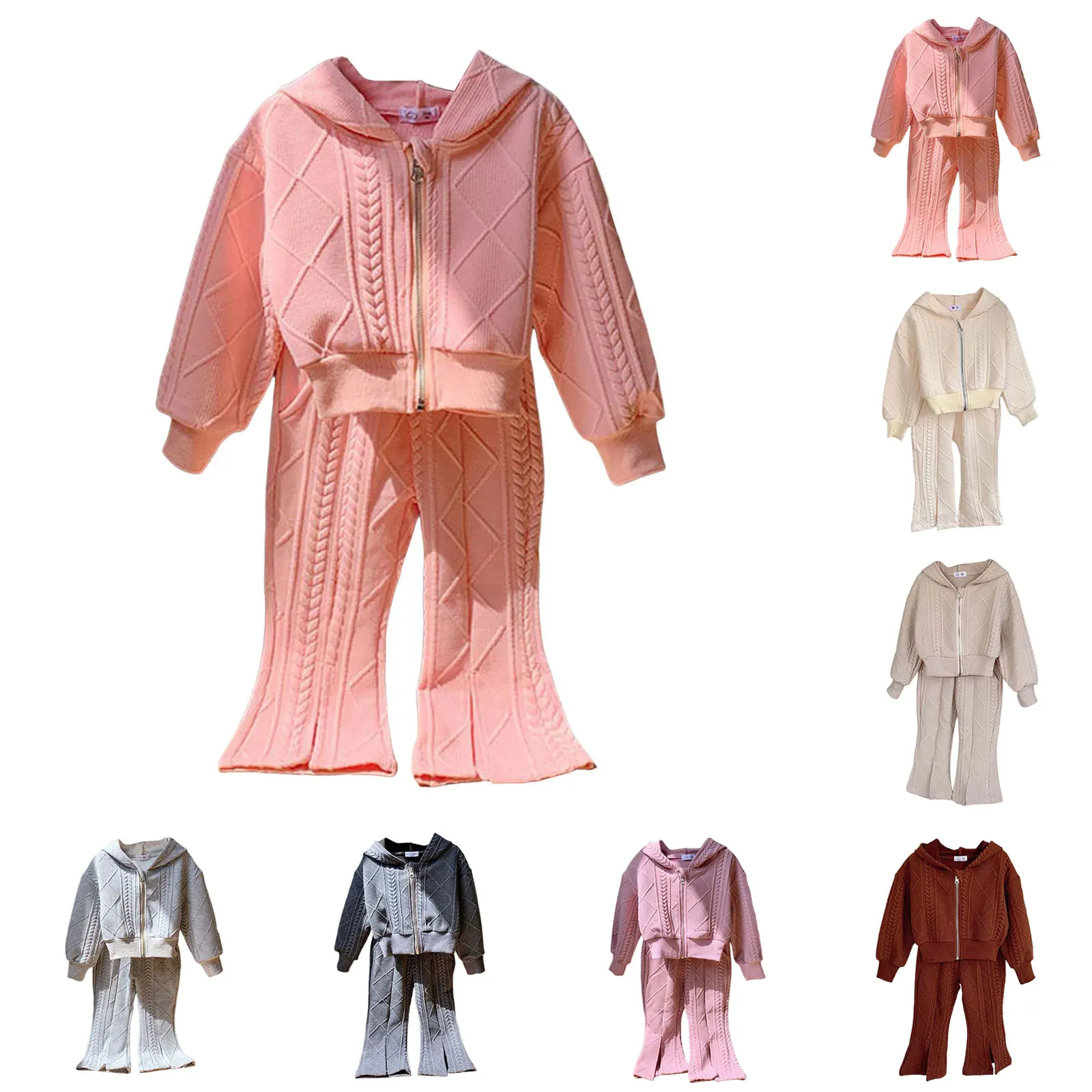 

Girls Spring Autumn Outfit Set Fashionable Knitted Long Sleeved Hooded Pants Solid Color Casual Two Piece Set ropa de niña