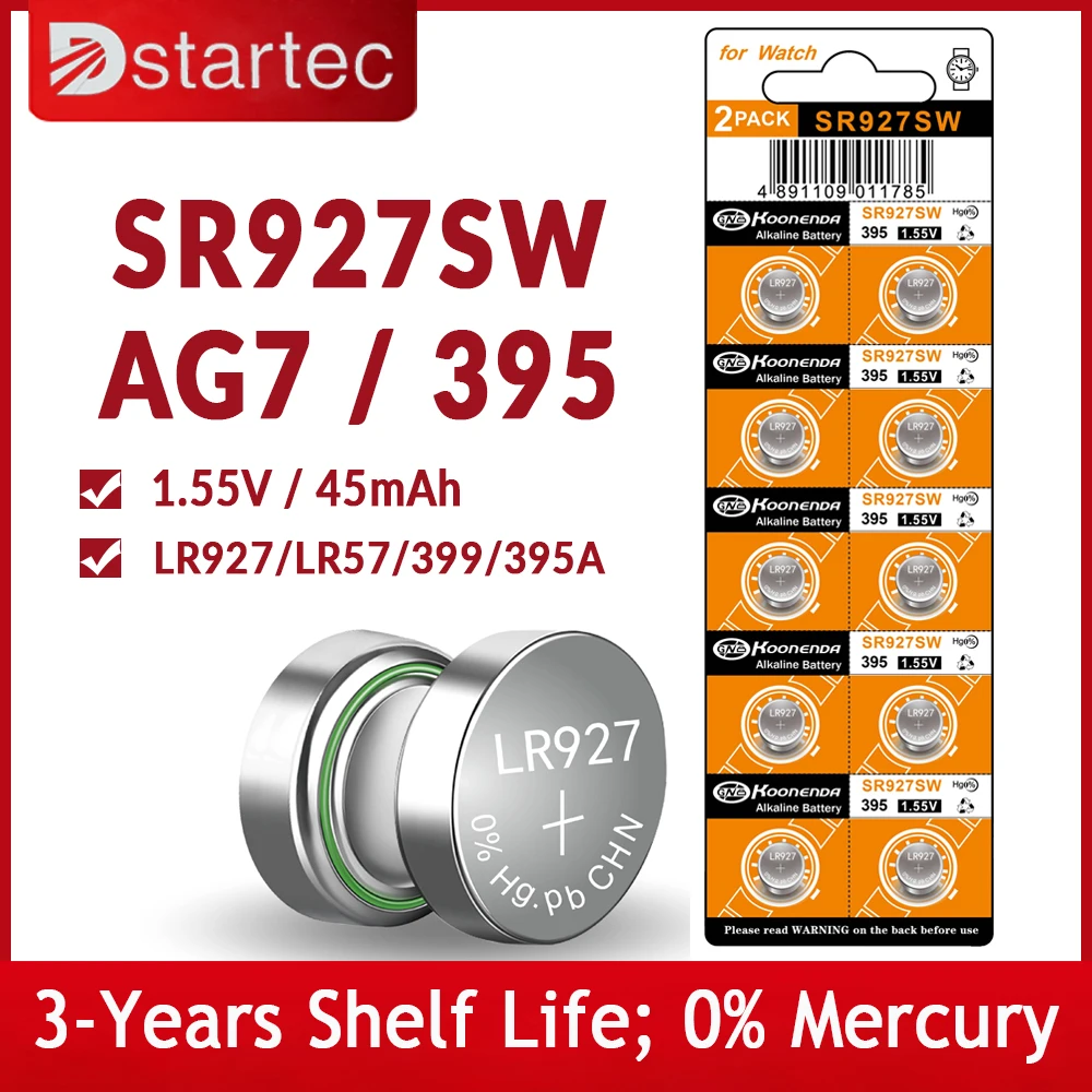 بطاريات بيلاس طراز EUNICELL 46mAh SR927W LR927 AG7 395 زر SR927 LR57 399 395A 1.5 فولت خلية عملة قلوية لساعة ساعة البطارية