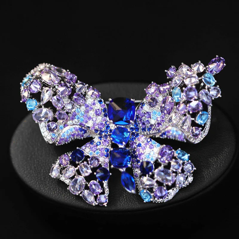 Sea Blue Magnificent and Retro Purple Butterfly Brooches Luxurious Cubic Zirconia Elegant Women's Suit Coat Accessories Pins