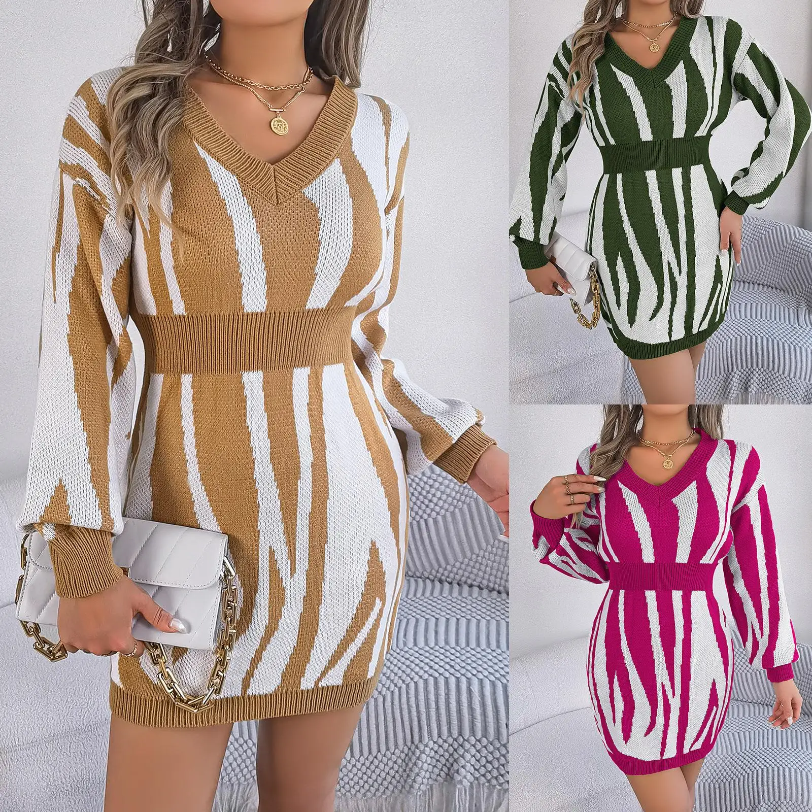 

Autumn Winter V-Ne Color Blo Zebra Print Long Sve Bodycon Sweater Dr Street Sle Independent Station Cross-Border