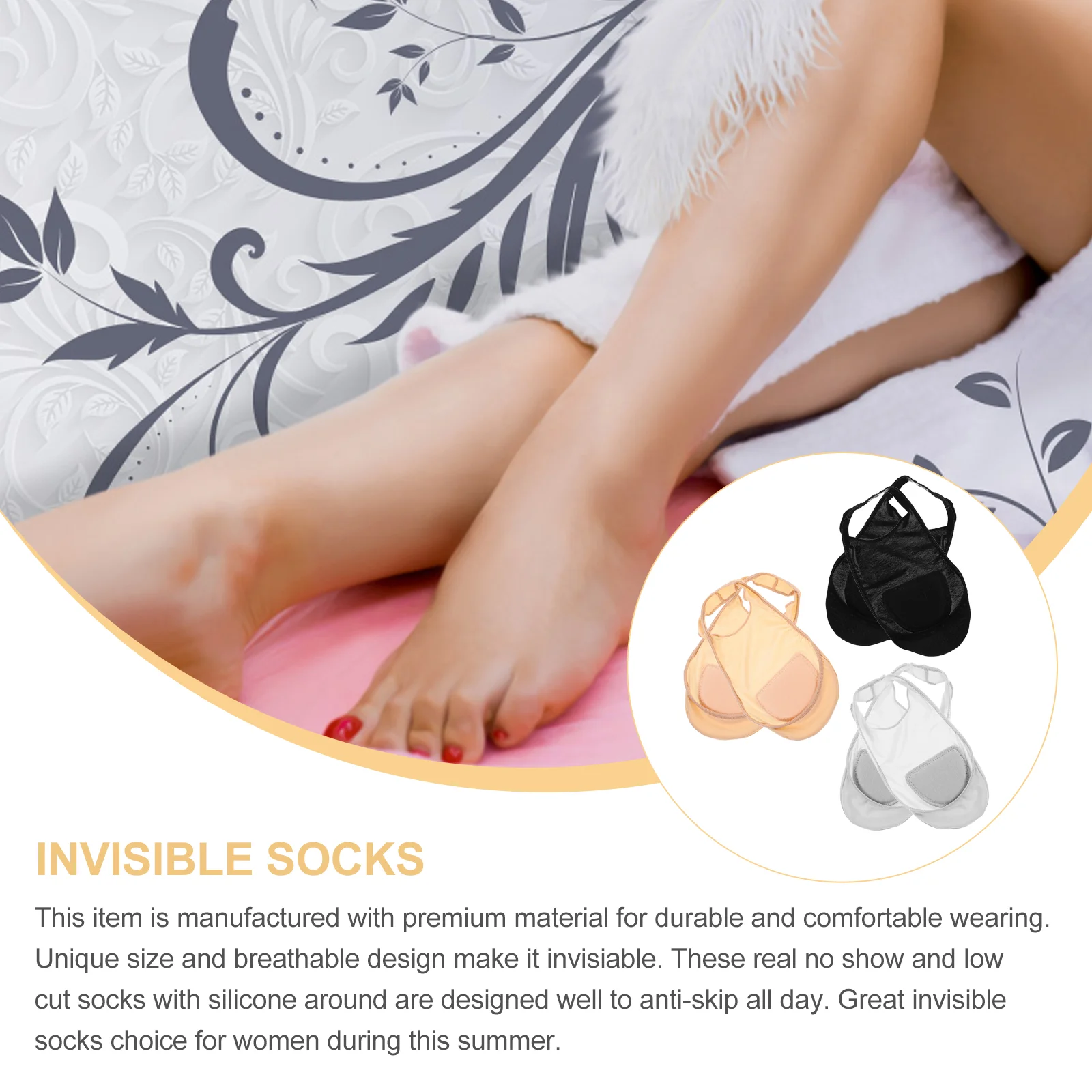 3 Pairs Anti Slip Half Socks Shallow Mouth Boat Invisible Silicone White Sneakers for Women