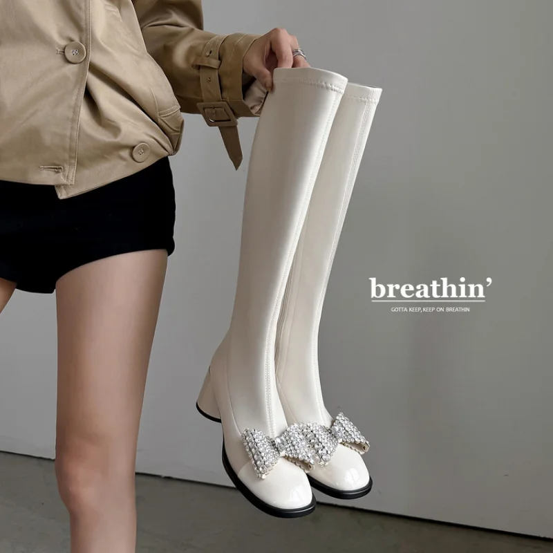 

Fairytale Elegance Princess | Handmade Leather Boots with a Round Toe&Chunky Heel | Stretch Slim-Fit with Bow