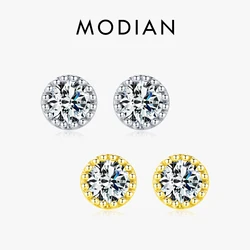 Modian New Fashion Tiny Gold Color Round Earrings 100% 925 Sterling Silver Sparkling CZ Stud Earring For Women Wedding Jewelry