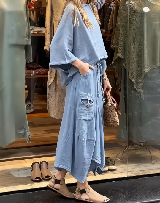 ツーピース レディース シックなバットウィング ケープ シャツとアシンメトリー アンクル スカート ストリートウェア セット（ポケット付き）