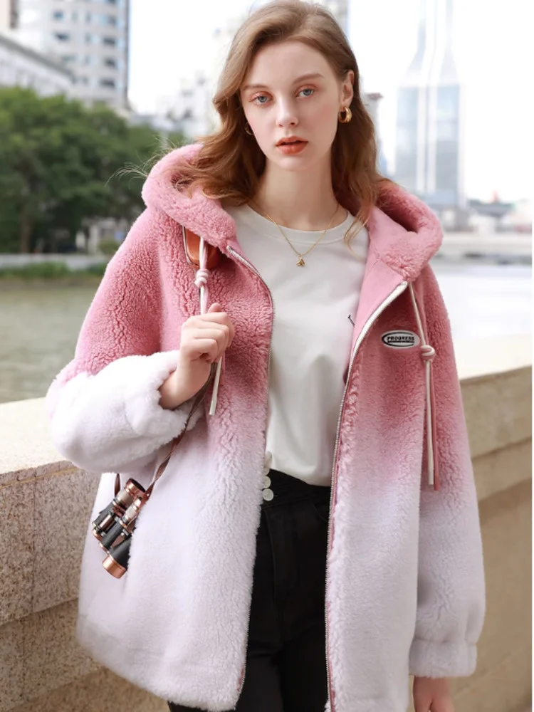 TXii Winter New Gradient Fashion Plush Jacket Imitation Fur Color Contrast Drawstring Hooded Casual Warm Women