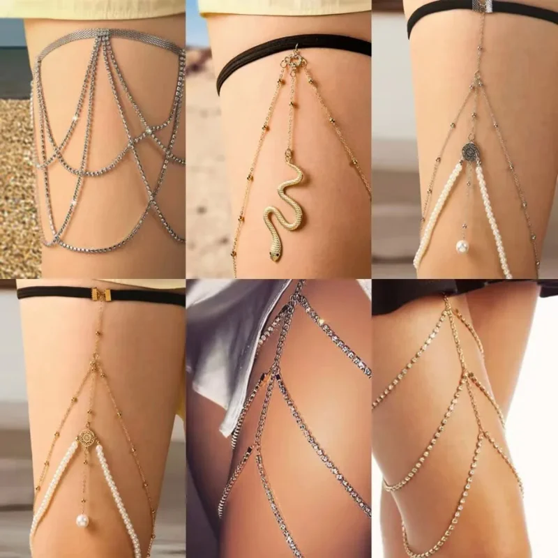 New sexy gold color leg chain women simple multilayer tassel elastic band leg thigh chain women adjustable beach body jewelry