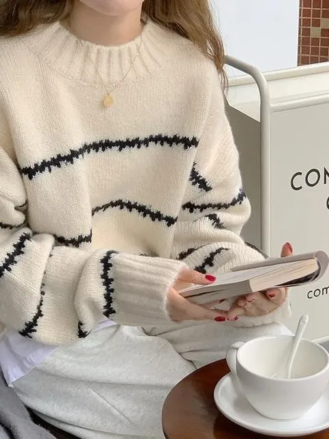 

Women's Thiened Loose Knitted Sweater round Ne Pullover Autumn Winter Faionable Striped Lazy Sle Outerwear Coat