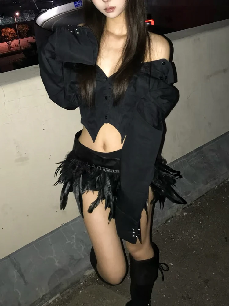 Weird Puss Feather Patchwork Mini Skirt Women Autumn Trend Sexy Irregular Hem Fashion Coquette Midnight Party Club Chic Outfits