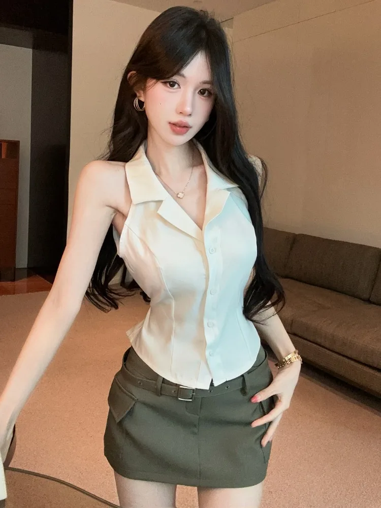 

Retro Spicy Girl Style Collar Sleeveless Waist-Cinching Vest Shirt Half-length Skirt Set Women's Fashion Summer Outfit