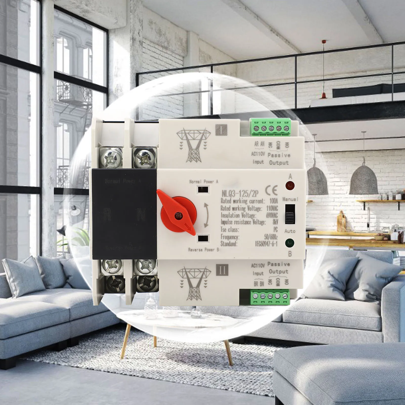 ATS Transfer Changeover  50Hz 60Hz PC Silver 100A AC110V Dual Power Automatic Transfer  Flame Retardant for Home