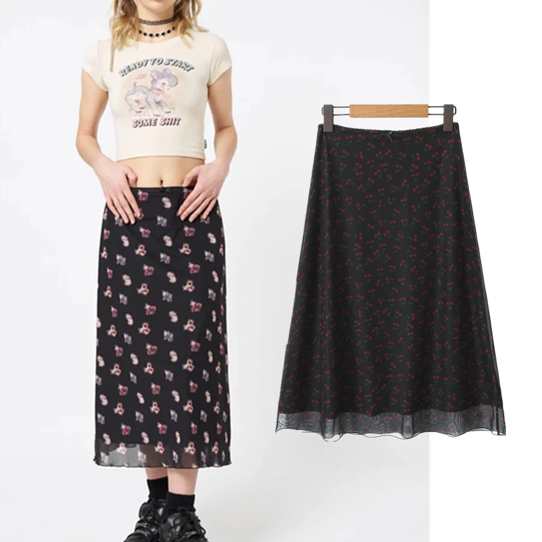 Jenny&Dave High Street Straight Fashion Girls Skirts Womens Ins Fashion Blogger Retro Printed Mesh Skirt Women