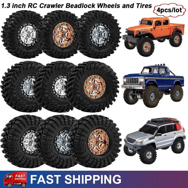 4pcs 1.3 inch Aluminium RC Cralwer Beadlock Wheel and Tires Set for 1/18 Traxxas TRX4M 1/24 Axial SCX24 AX24 FCX24
