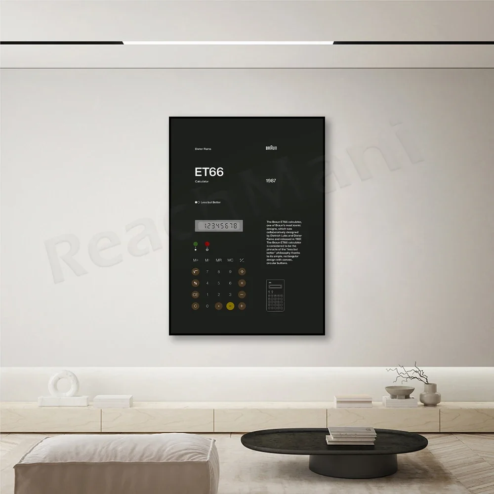 Dieter Rams Braun ET66 Calculator Helvetica Typographic Poster, Quote, dark gray, Modern Art Architecture, Industrial Design