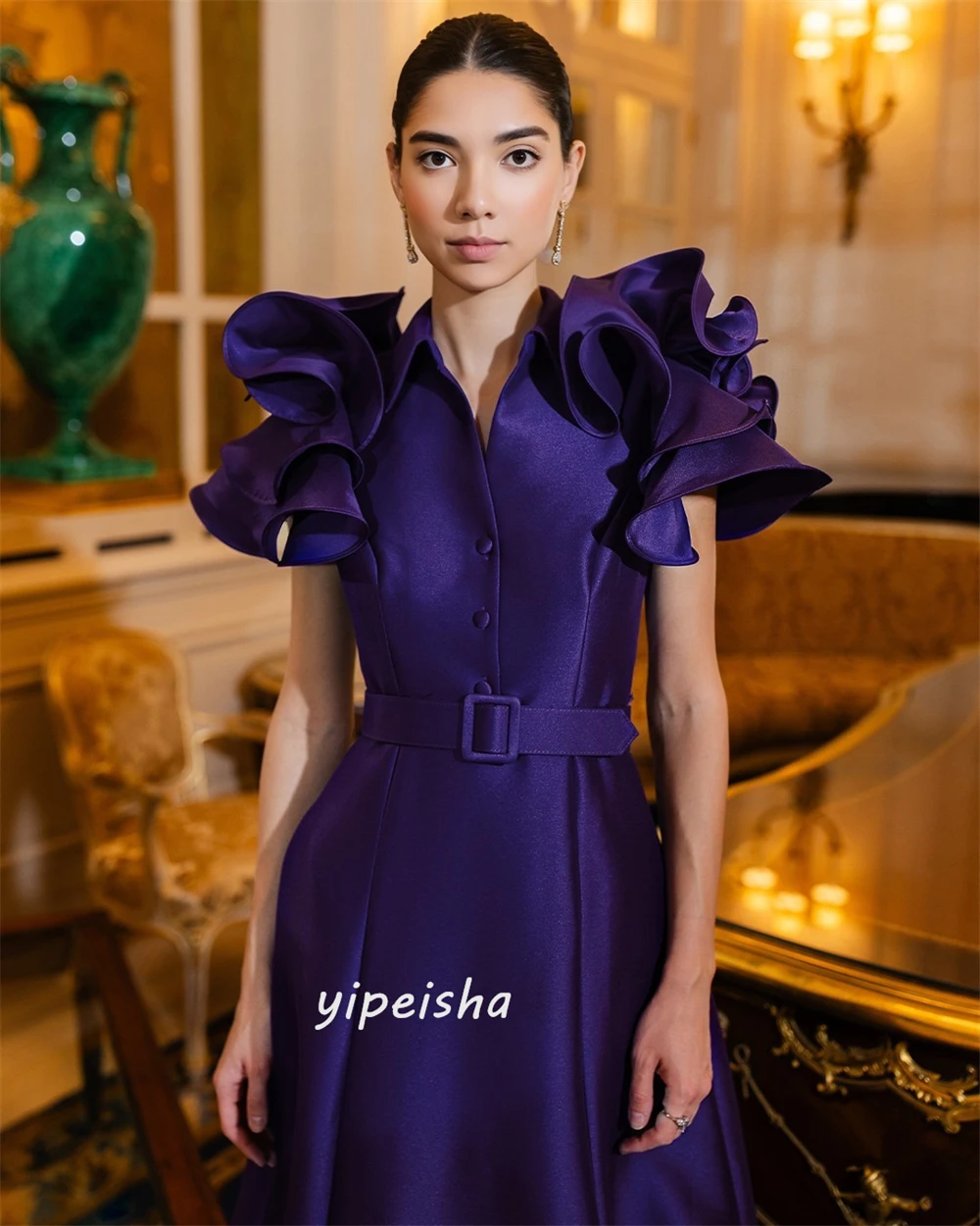 Jiayigong gaun acara Bespoke Satin panjang lantai terbungkus A-line leher V malam Formal gaya Modern sederhana