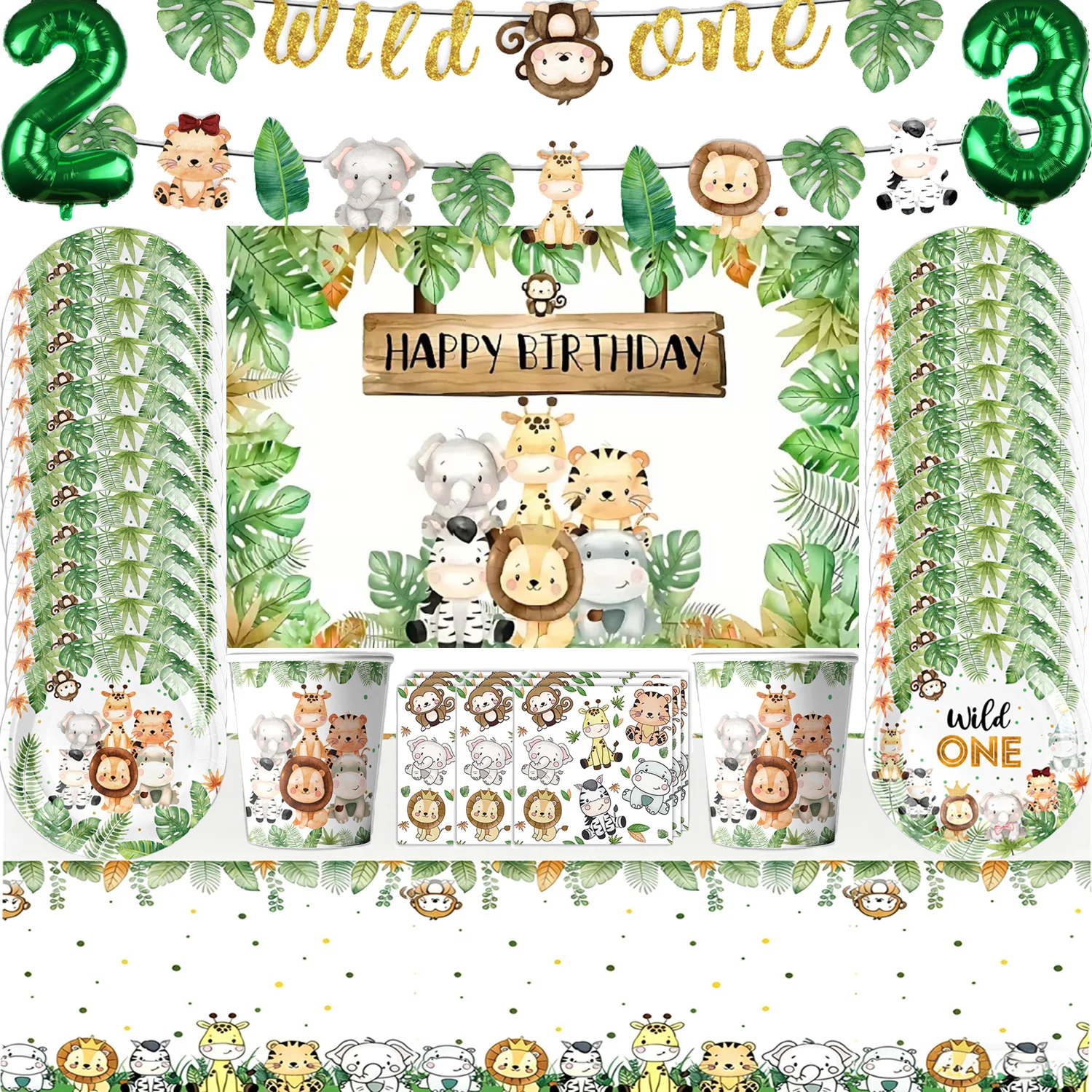 

Cartoon Jungle Animal Child Birthday Party Decorations Palm Leaves Cup Plate Tablecloth Background Supplies Baby Shower Kid Gif