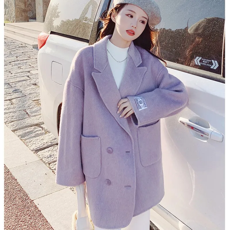 New Purple Suit Collar Women's Jacket 2022 Autumn Winter Double-breasted Trench Coat Mid-length Warm Thicken Female's Clothing