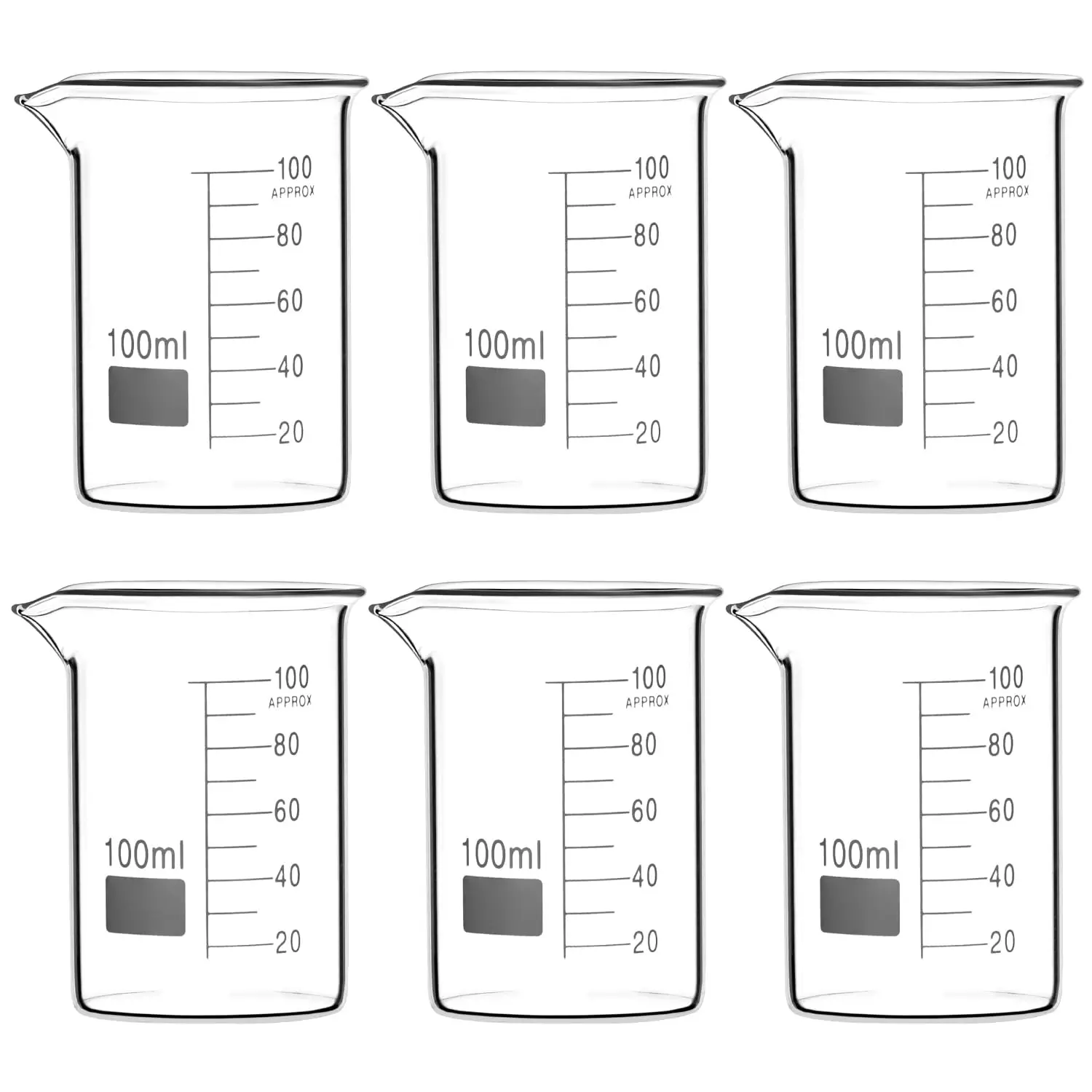 Sturdy glass beaker, 100 ml, with printed graduations and large marking points.