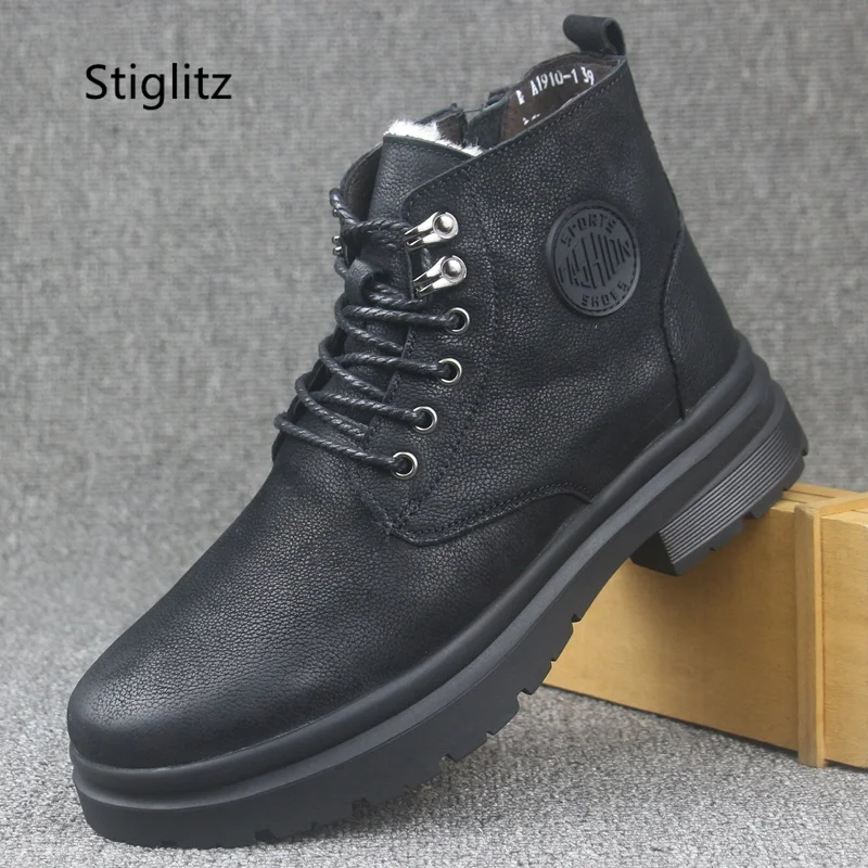 

Men's High-Top Lace Up Ankle Boots Genuine Leather Wool Outdoor Work Boots Soft Sole Winter Plush Warm Leather Cotton Shoes