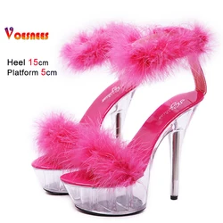 2025 Summer Women's Fur Sandals Transparent High Heels Platform Sexy Clear Heels Bridal Shoes 15cm Buckle Strap Club Footwear