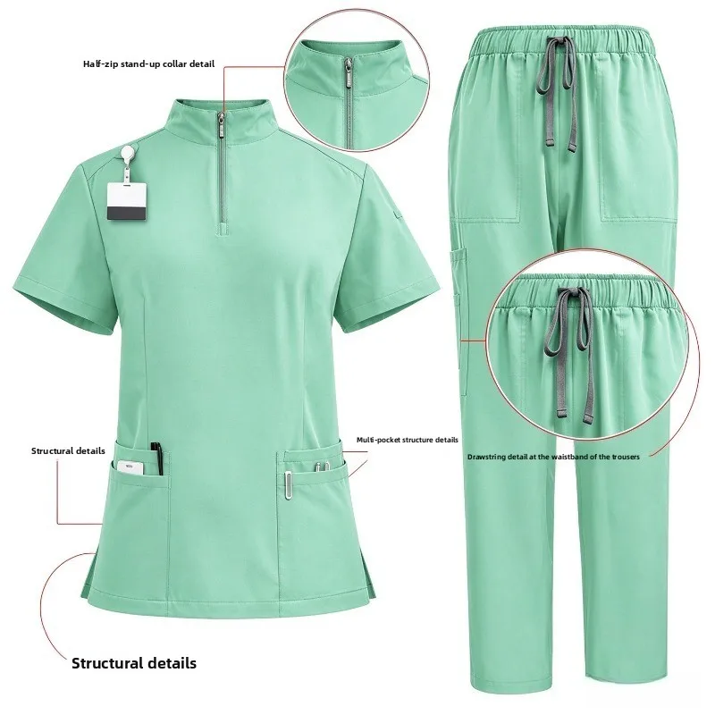 Zip Stand Collar Scrub Set, Short Sleeve Medical Top Drawstring Straight Pants Multi Pocket Stretch Uniform for Healthcare Staff