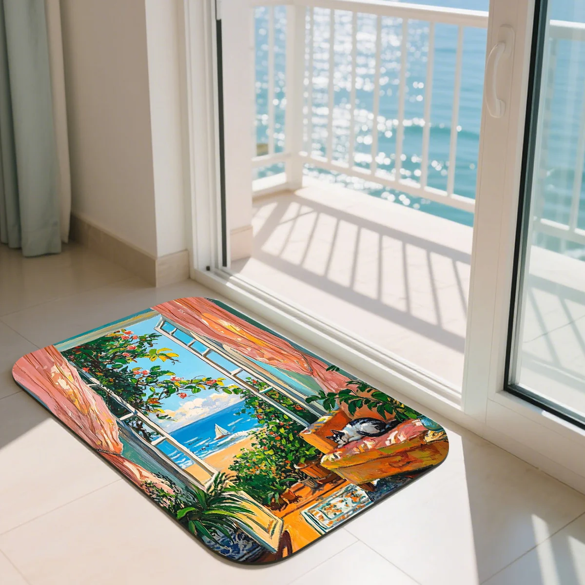 Ocean View Doormat, Tropical Balcony Cat Entrance Rug, Summer Sea Floor Mat, Non-Slip Home Decor for Entryway & Living Room