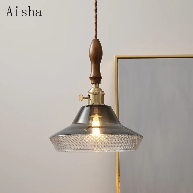 

Walnut Pendant Lamp Japanese Copper Glass Chandelier Simple Restaurant Bar Hanging Lamp for Home Study Indoor Lighting Fixture