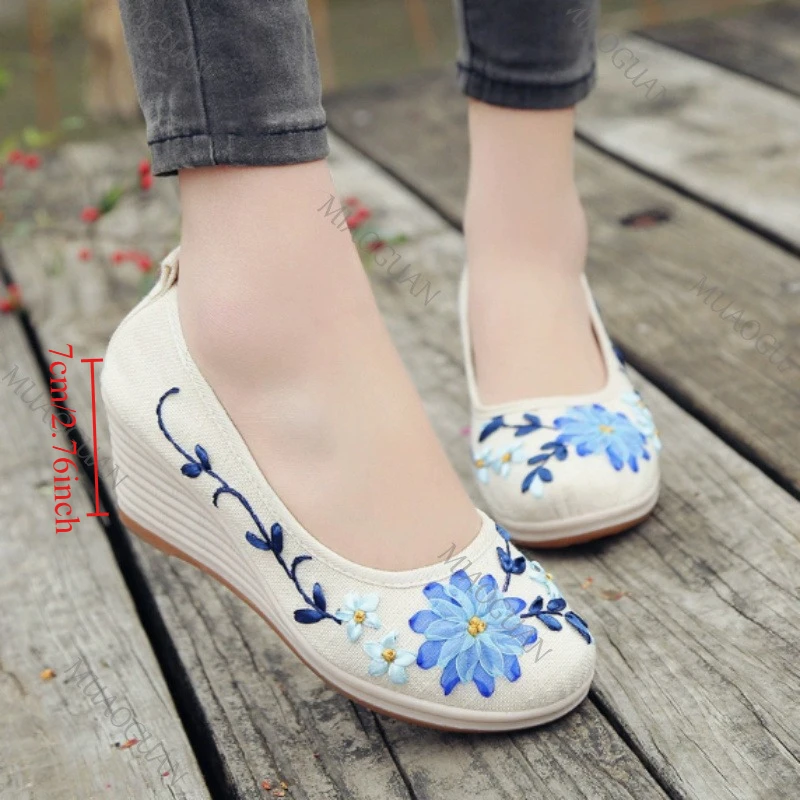 Embroidered Women Comfort Wedge Platform Shoes Fashion Bowknot Ladies High Heels Pumps Vintage Ethnic Female Heeled  Footwears
