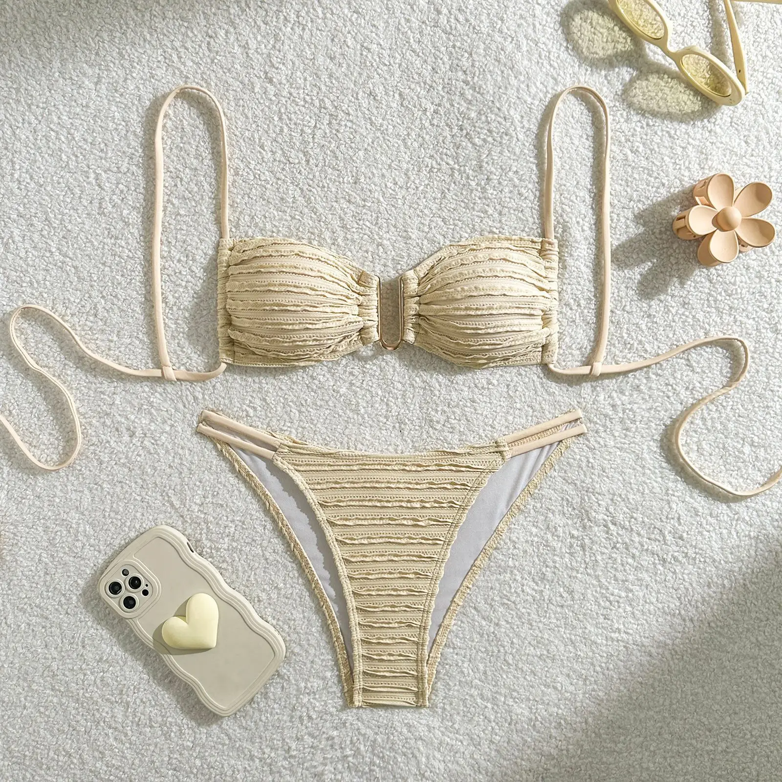 Conjuntos de bikini lisos acanalados bandeau sexy, trajes de baño de dos piezas con Tanga y lazo en la espalda, conjunto de bikini tankini, ropa de playa, biquini