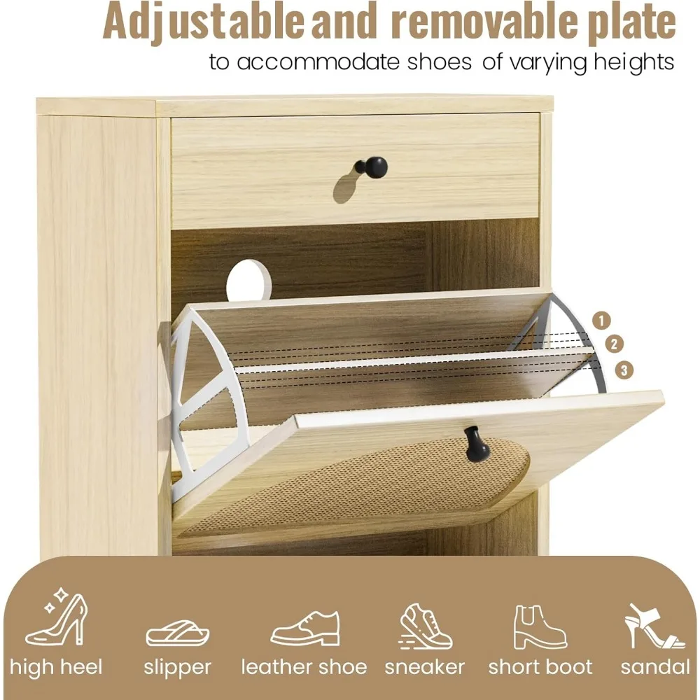 خزانة تخزين أحذية الروطان الطبيعي مع أدراج قابلة للطي، تصميم نحيف لمدخل المدخل، منظم أحذية قائم بذاته