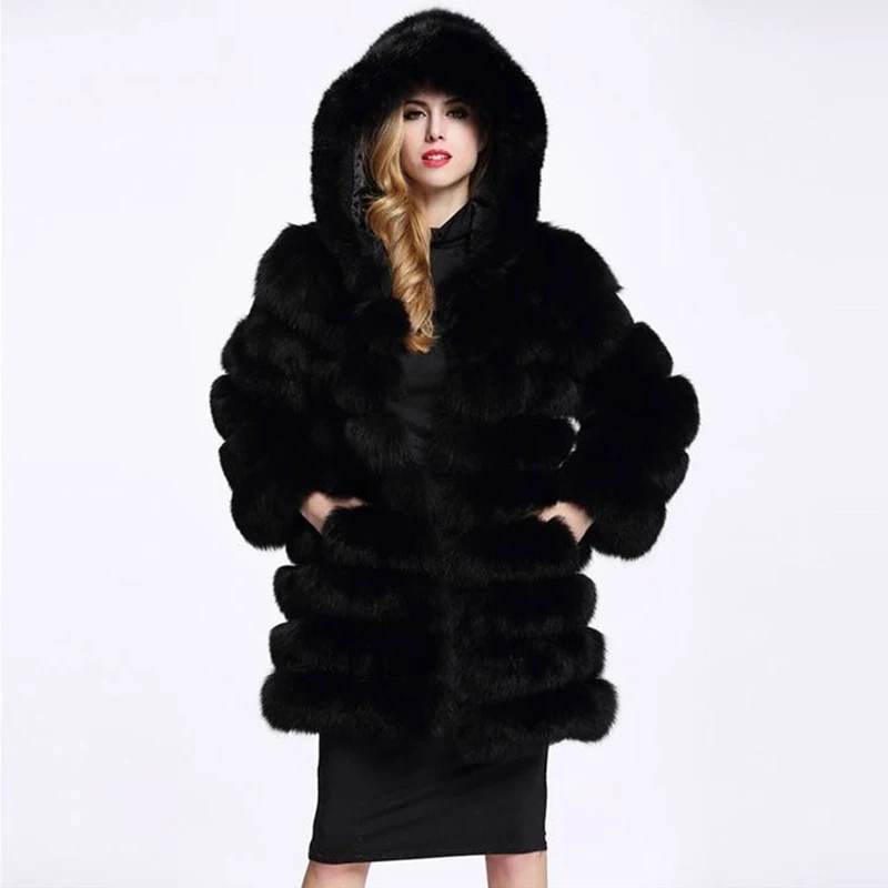 เสื้อขนสัตว์ Faux 2022ฤดูหนาวใหม่ผู้หญิงยาวเสื้อขนสัตว์ Hooded หญิงหนา Warm Fluffy Faux Fur Jacket สีชมพูประดิษฐ์ขนสัตว์ Overwear