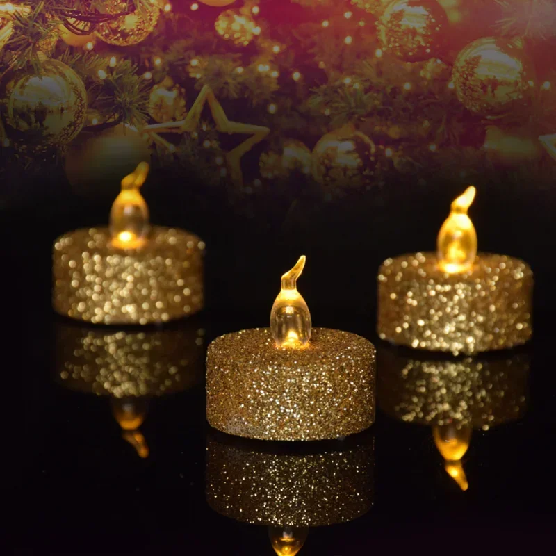 12/3Pcs Gold Powder Candles LED Flash Candles Lights Flameless Glitter Tealight Candles for Birthday Party Wedding Decorations