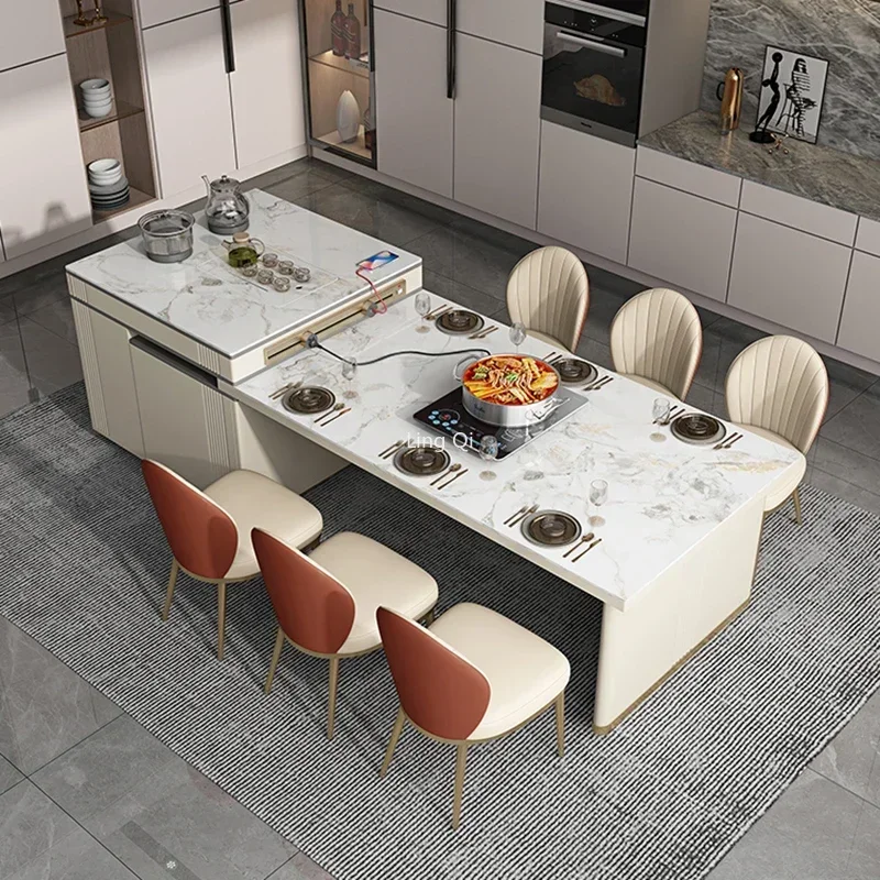 Modern Luxury Rock Plate Island Table with One Piece Scalable Dining Table