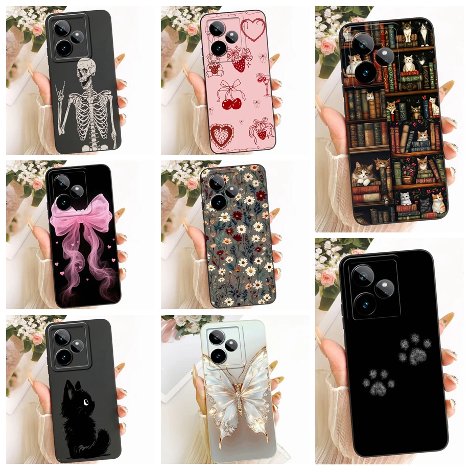 Cartoon-Katzen-Malerei Handyhülle für Realme GT 7 7T GT 8 Pro 2 Pro GT5 Neo GT3 GT2 Cover Weiche Matte Silikon-Hülle mit Gänseblümchen-Blumen-Schleife